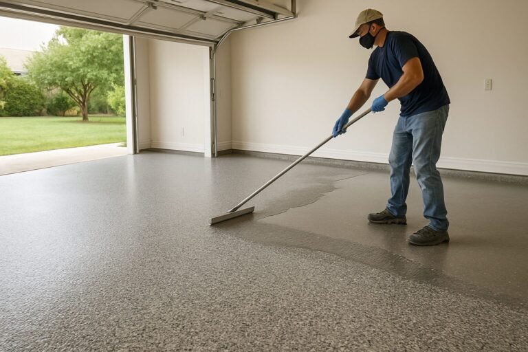 A person wearing gloves, a mask, and a cap applies an epoxy floor coating to a clean Dallas garage floor using a squeegee, with the garage door open to a grassy yard outside.