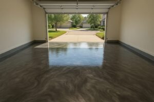 Metallic epoxy floor in a Dallas garage with the sun shining on the floor and reflecting the residential neighborhood outside.